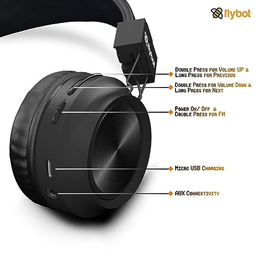 Flybot Alpha Wireless Over Ear Bluethooth Headphone with Mic IPX5 Rated with HD Sound and LED Light Design (Black) Flybot Alpha Wireless Over Ear Bluethooth Headphone with Mic IPX5 Rated with HD Sound and LED Light Design (Black)